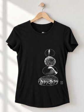 🇨🇦 Westcoastees, Graphic T-Shirt, Stacked Earth & Sea, Black, Size Small